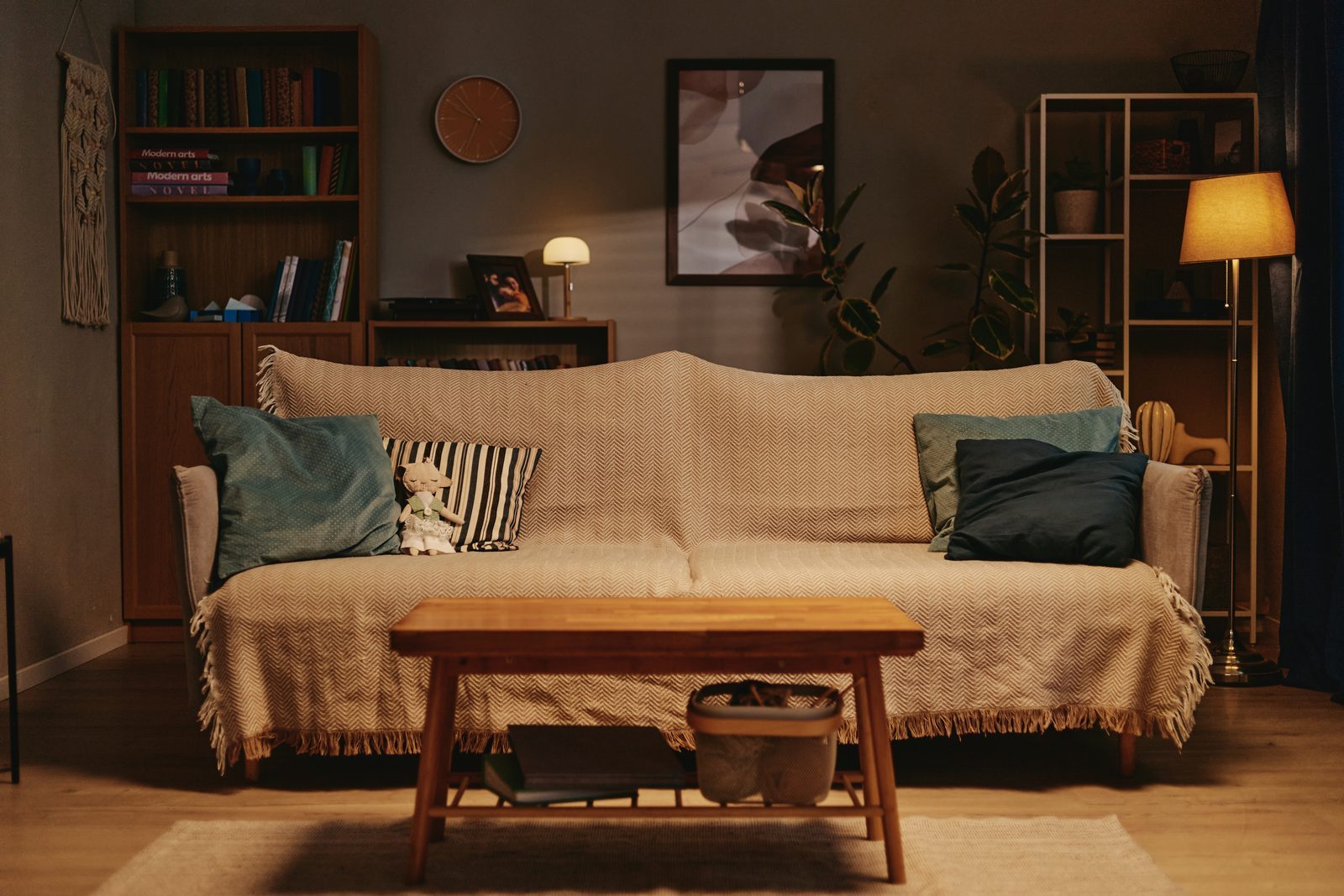 Living room with warm ambient lighting at night